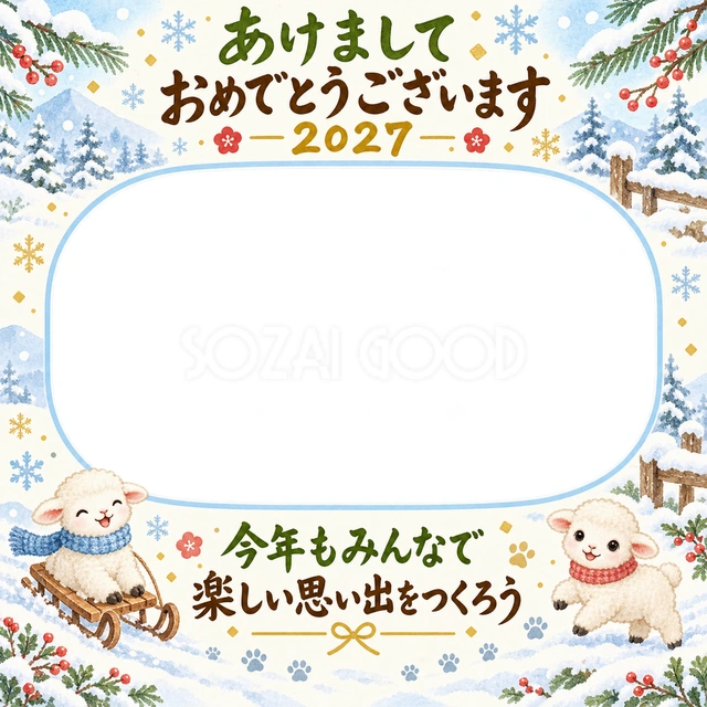 雪の庭で集合写真の水彩イラスト