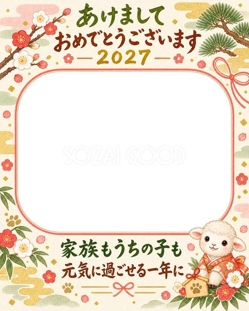 縦長の梅と家族写真の水彩イラスト