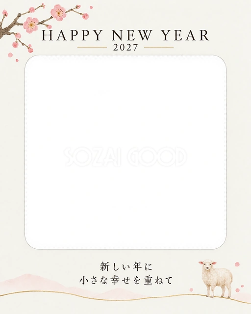 淡い梅と丸角写真の縦長年賀状の無料イラスト