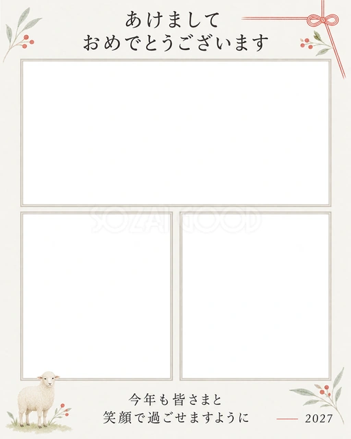 三枚の写真をまとめる縦長年賀状の無料イラスト