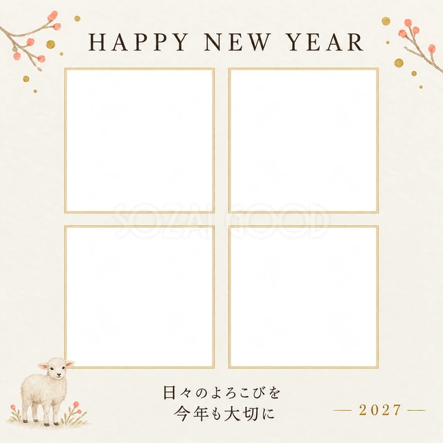 四つの思い出を並べる写真年賀状の無料イラスト