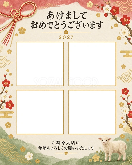 梅と金の四つの写真年賀状の無料イラスト