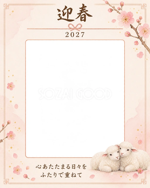 寄り添う羊と記念写真の年賀状の無料イラスト
