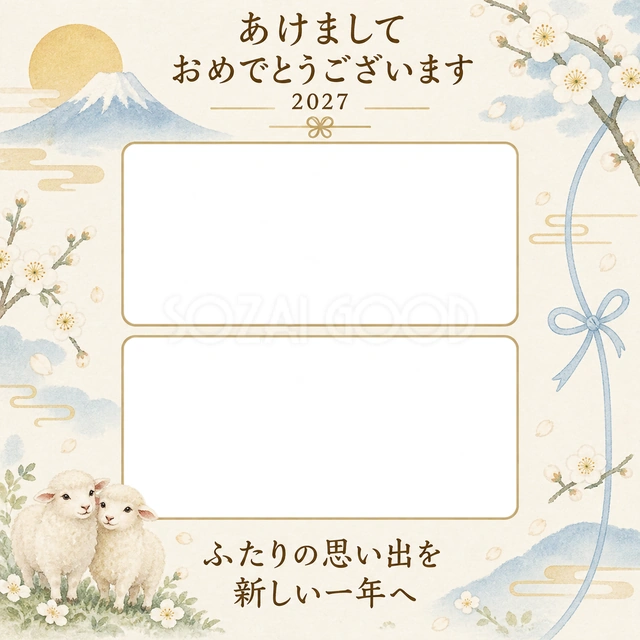 青い結びと写真2枚の年賀状の無料イラスト