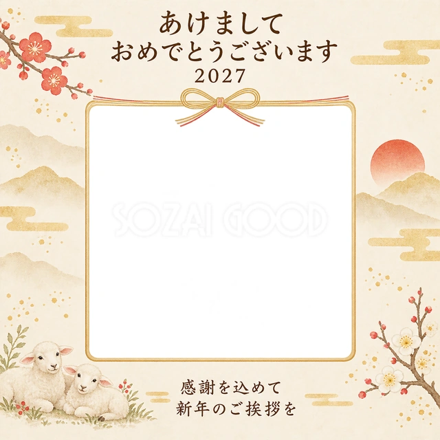 金の結びとふたりの写真年賀状の無料イラスト