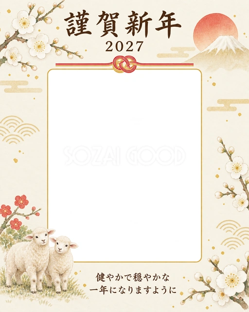 白梅とふたりの縦写真年賀状の無料イラスト