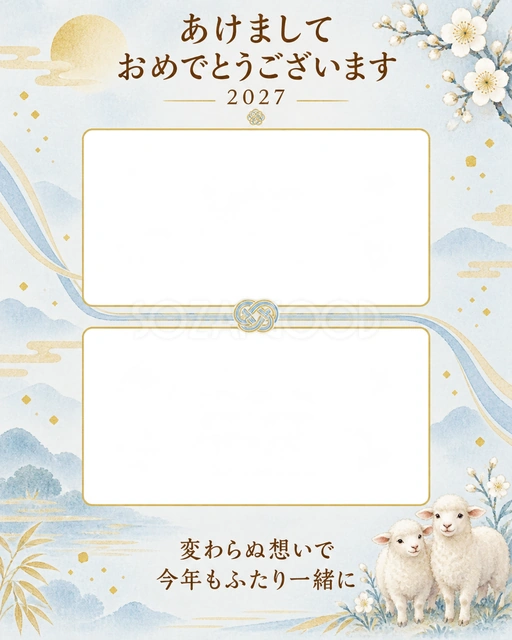 青い結びとふたりの縦写真年賀状の無料イラスト