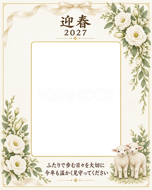 白い花と祝福の縦写真年賀状の無料イラスト