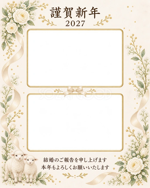結婚と新年の二枚の写真年賀状の無料イラスト