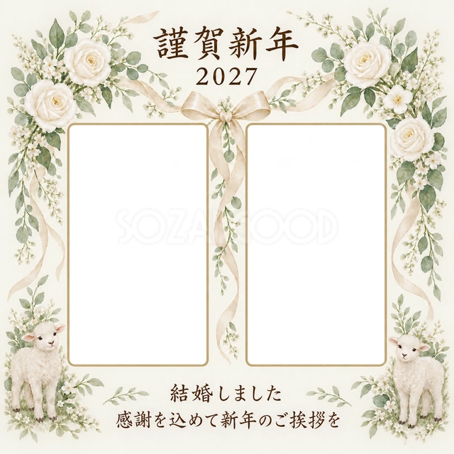 花のアーチとふたりの近況写真年賀状の無料イラスト