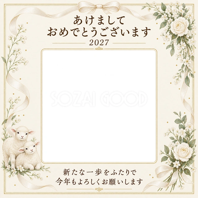 淡い金色と結婚のご報告写真年賀状の無料イラスト