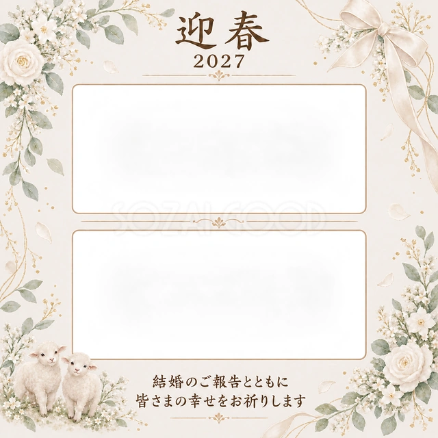 白い小花と二枚の思い出写真年賀状の無料イラスト