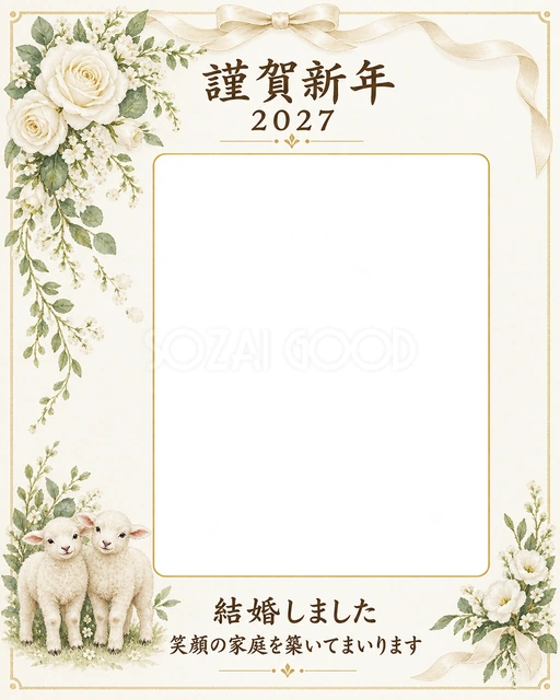 白いバラの縦写真年賀状の無料イラスト