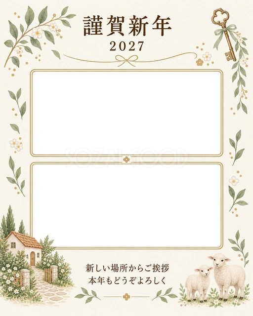 玄関と家の思い出の写真年賀状の無料イラスト