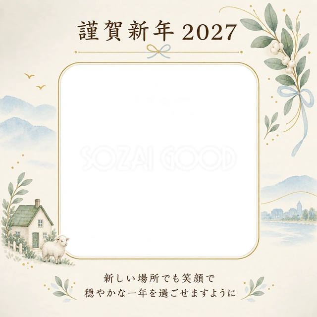 家のかたちと新年の写真の写真年賀状の無料イラスト