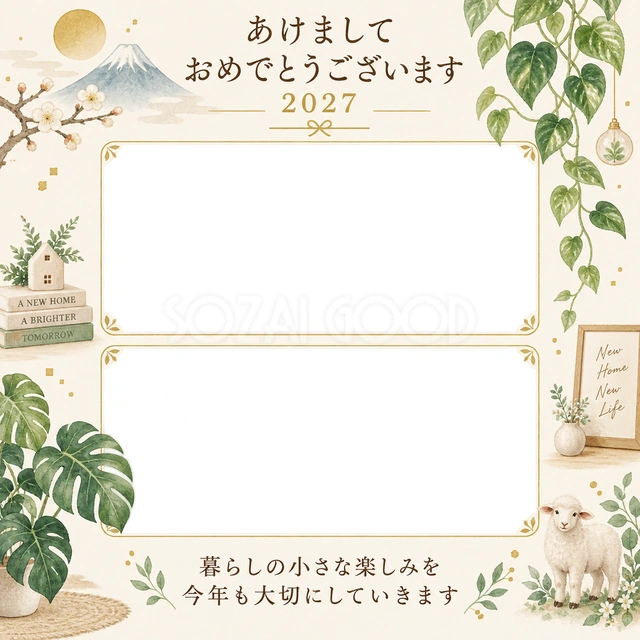 観葉植物と暮らしの二枚の写真年賀状の無料イラスト