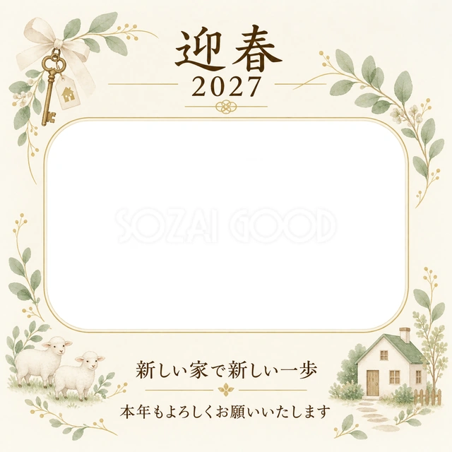 鍵と新居の記念写真の写真年賀状の無料イラスト