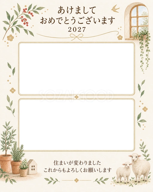 新居と日常の二枚の写真年賀状の無料イラスト