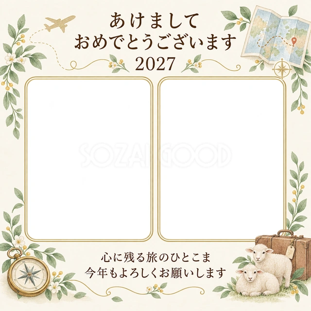 地図とふたりの旅の写真年賀状の無料イラスト
