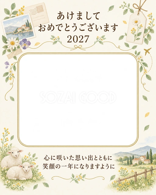 花の旅と記念写真の写真年賀状の無料イラスト