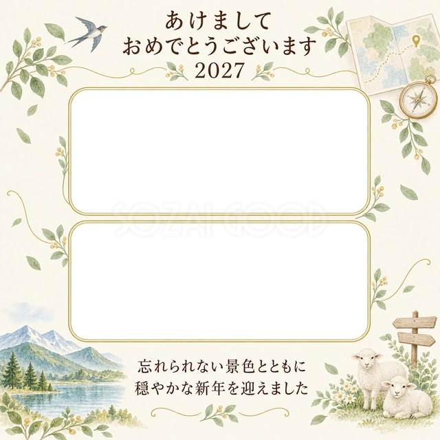 山と湖の旅アルバムの写真年賀状の無料イラスト