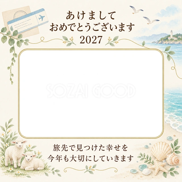 海辺で過ごした休日の写真年賀状の無料イラスト
