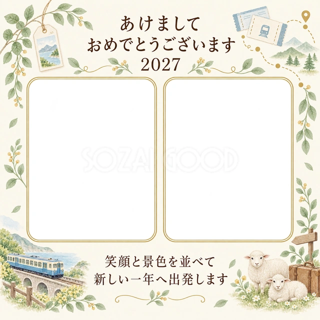 汽車でめぐる旅の写真年賀状の無料イラスト