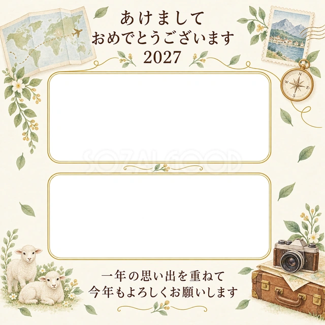 カメラと旅の記録の写真年賀状の無料イラスト