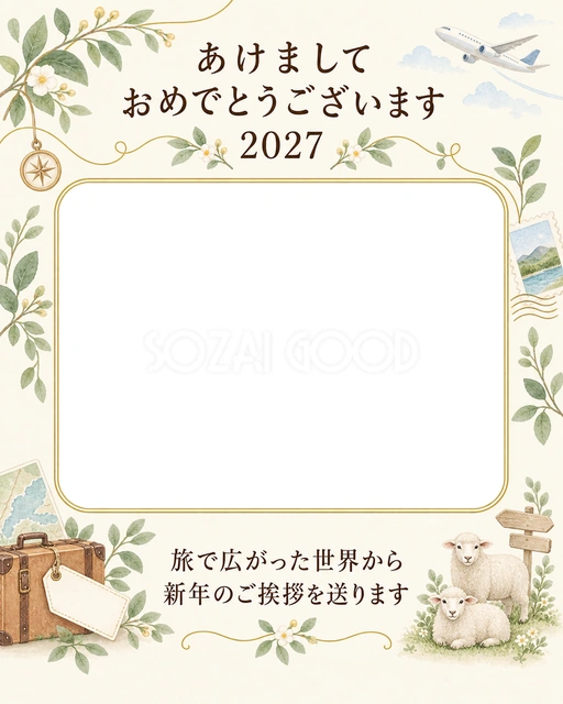 空の旅と新年の便りの写真年賀状の無料イラスト