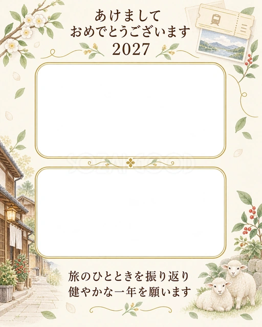 温泉街の旅の思い出の写真年賀状の無料イラスト