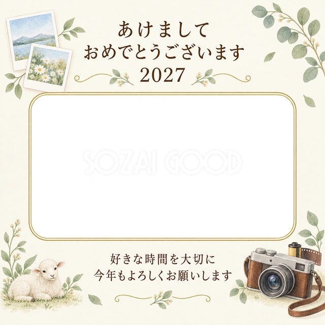 カメラとお気に入りの一枚の写真年賀状の無料イラスト