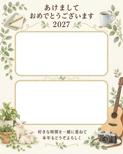 ふたりで楽しむ趣味の時間の写真年賀状の無料イラスト