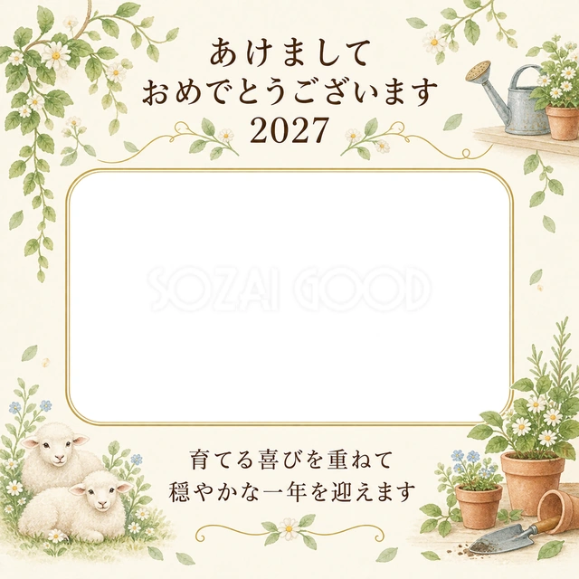 草花を育てる喜びの写真年賀状の無料イラスト
