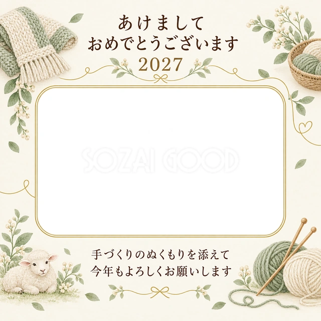 編み物とあたたかな時間の写真年賀状の無料イラスト