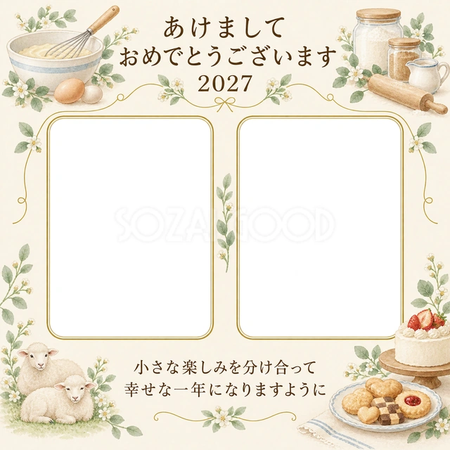 お菓子づくりの思い出の写真年賀状の無料イラスト