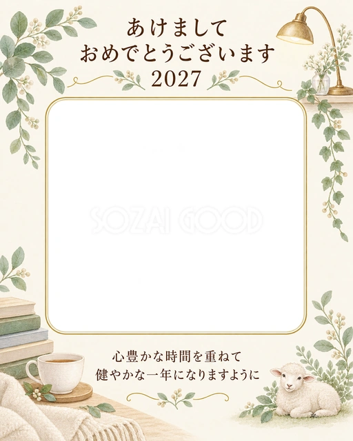 読書とくつろぎの時間の写真年賀状の無料イラスト