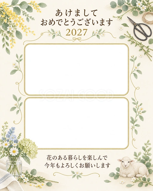花を飾る暮らしの写真年賀状の無料イラスト