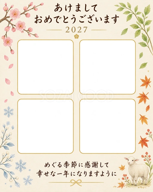 四季の思い出リースの写真年賀状の無料イラスト