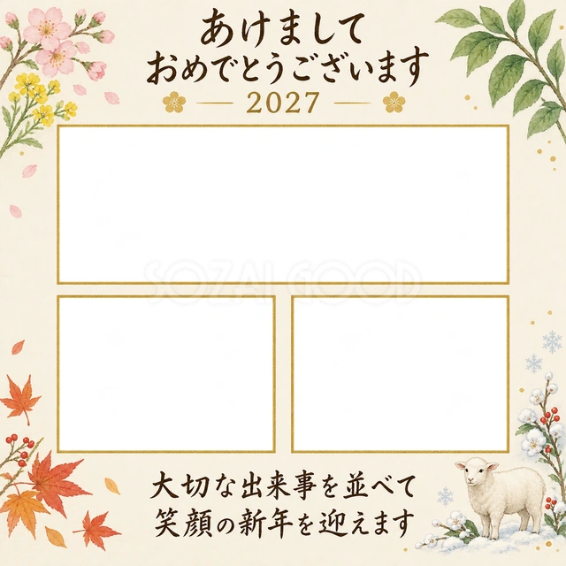三つの季節の出来事の写真年賀状の無料イラスト