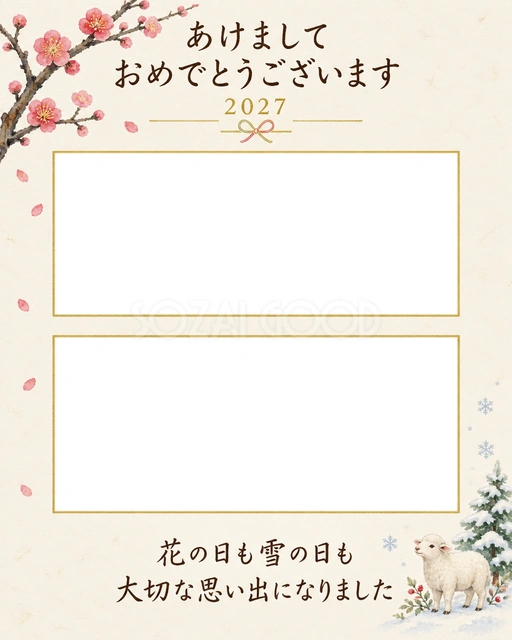 花の季節と雪の季節の写真年賀状の無料イラスト