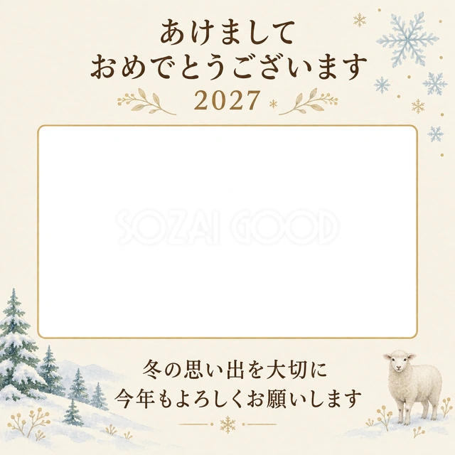 雪の森の一枚の写真年賀状の無料イラスト