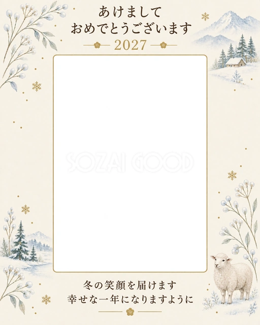 霜の草木と冬の笑顔の写真年賀状の無料イラスト