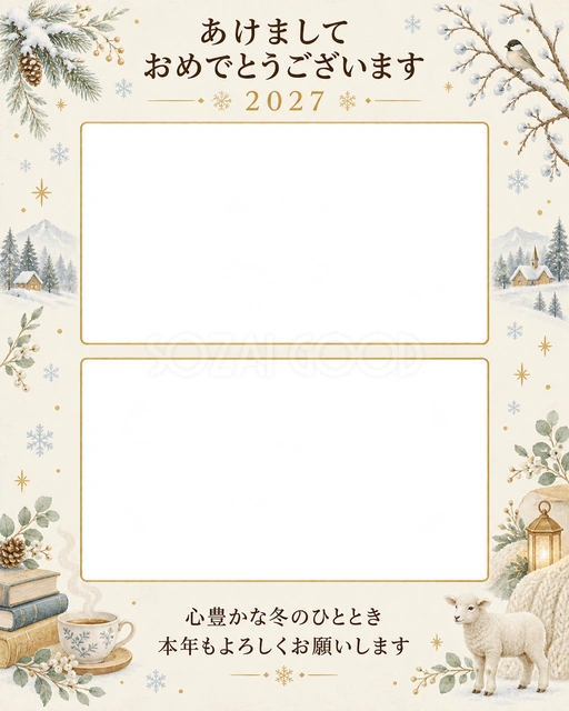 冬の読書とくつろぎの写真年賀状の無料イラスト