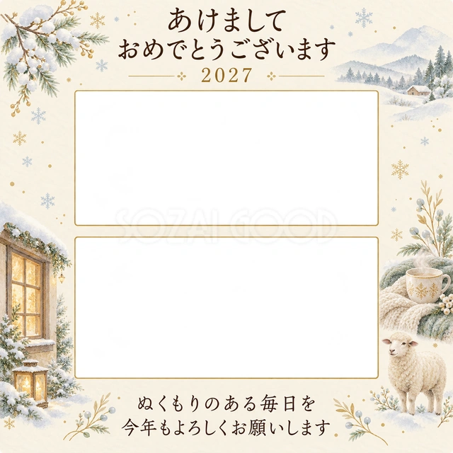 温かな窓辺の思い出の写真年賀状の無料イラスト