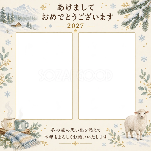 冬の旅とひと休みの写真年賀状の無料イラスト