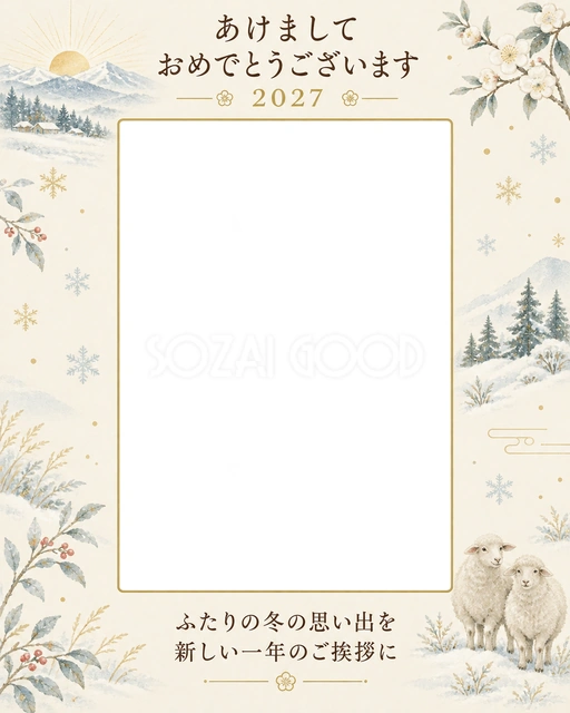 ふたりで迎える冬の朝の写真年賀状の無料イラスト