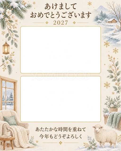 家で過ごす冬の時間の写真年賀状の無料イラスト