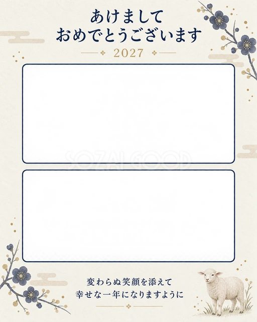 紺の小花と近況の写真年賀状の無料イラスト
