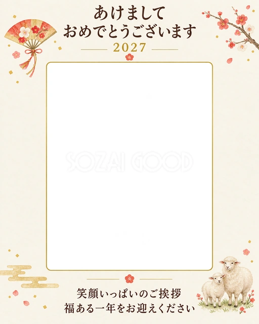 祝いの扇と集合写真の写真年賀状の無料イラスト
