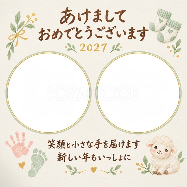 まあるい窓の手と笑顔の写真年賀状の無料イラスト